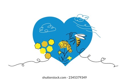 Bee, honey, honeycombs and flower in blue heart shape. Vector color illustration in yellow and blue colors for ukrainian honey label design. One continuous line art drawing of the flying bee.