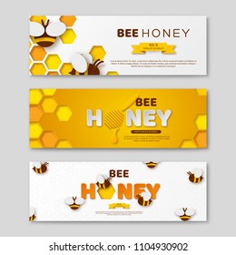 Bee honey horizontal banners with paper cut style letters, comb and bees. Template design for beekeeping and honey product. Vector illustration.