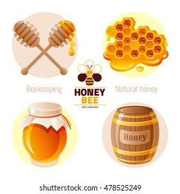 Bee honey icon set with cartoon flat icons - honeybee logo, honeycomb, glass jar, barrel. On white background. Modern elegant style, beekeeping food concept template vector illustration.