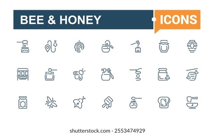 Bee And Honey icon set. Contains related to collection, honey jar, glyph, apiarist, illustration, tool, sign and more. Collection for mobile and web apps. Editable vector stroke.