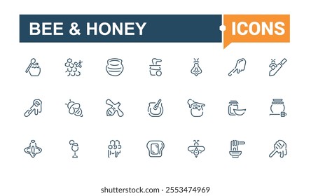 Bee And Honey icon set. Contains related to collection, honey jar, glyph, apiarist, illustration, tool, sign and more. Collection for mobile and web apps. Editable vector stroke.