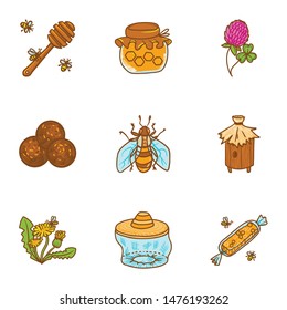 Bee honey icon set. Hand drawn set of 9 bee honey vector icons for web design isolated on white background