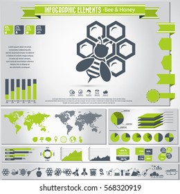 Bee and honey icon set and infographic elements