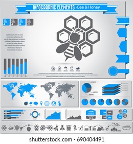 Bee and honey icon set and infographics element. Vector.