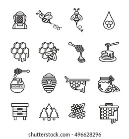 Bee and honey icon set. Thin line vector illustration.