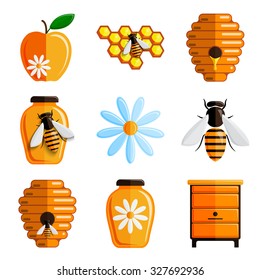 Bee and honey icon set. Vector flat illustration. 