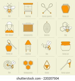 Bee honey icons flat line set with beehive spoon jar isolated vector illustration