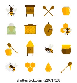 Bee honey icons flat set with food beekeeping agriculture elements isolated vector illustration