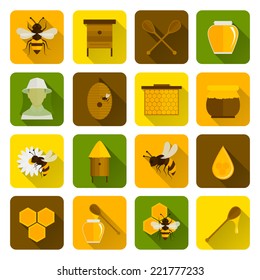 Bee honey icons flat set with beekeeper honeycomb beehive isolated vector illustration