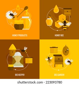 Bee honey icons flat set with products bee-keeper garden isolated vector illustration