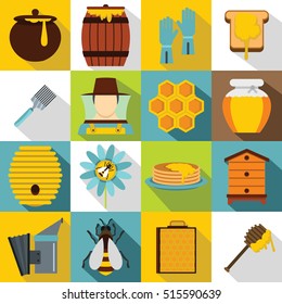 Bee honey icons set. Flat illustration of 16 bee honey vector icons for web