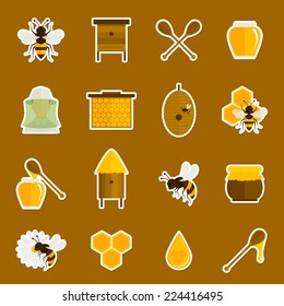 Bee honey icons stickers set with spoon jar bumblebee isolated vector illustration