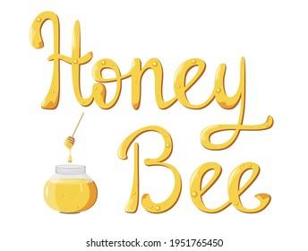 Bee honey. Inscription on a white background with a jar of honey.
