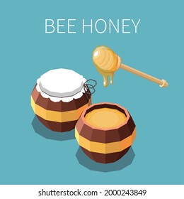 Bee honey isometric background with two wooden barrels of honey and dipper stick vector illustration