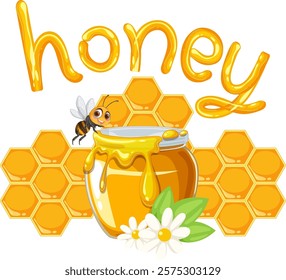 A bee with honey jar and honeycomb background