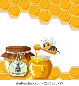 A bee with honey jars and honeycomb background