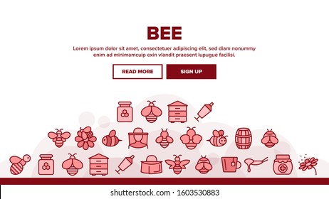Bee And Honey Landing Web Page Header Banner Template Vector. Bee On Flower, Wooden Barrel And Beekeeper Suit And Equipment, Beekeeping Illustration