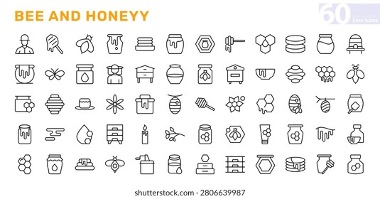 Bee and Honey line icon set. Honey jars, bees, honeycombs, beehives, beekeepers, flowers, dippers, beeswax, and natural apiary outline icons. Editable vector stroke.