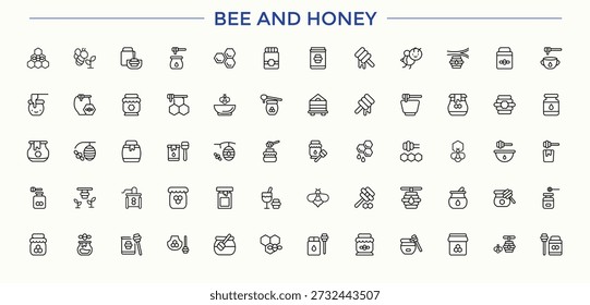 Bee And Honey linear icon set. Honeycomb icon set. Set of line pictogram. Contain linear symbols food, bee, natural, beehive, beeswax, farm, bees and more. Editable stroke. Vector illustration.