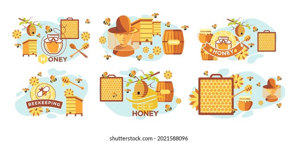 Bee honey, natural concept isolated on white concept, vector illustration. Yellow honeycomb from organic hive, cartoon design collection. Sweet organic product at farm, man character in hat.
