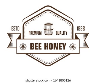 Bee honey natural product isolated sketch icon, apiary and beekeeping label vector. Wooden barrel, natural production logo and emblem. Farm food, organic nutrition, insects or animals breeding