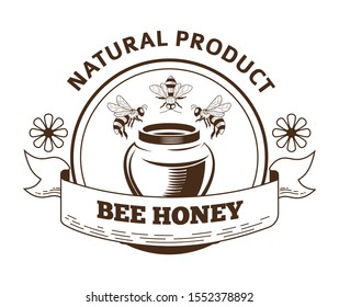 Bee honey natural product label packaging design. Bees flying above ceramic honey pot and ribbon with name, text. Vintage style ad. Hand drawn sketch illustration on white background.