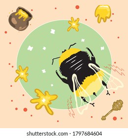 Abeja con miel sobre fondo verde. Cubo de miel de abeja. Estilo plano. Cuta ilustración. 