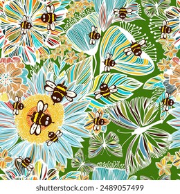 Bee honey pattern Beautiful flowers and bees seamless pattern. Not AI, Vector illustration.