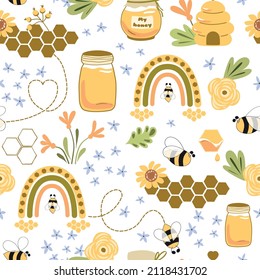 Bee Honey Pattern. Beehive, Honey Rainbow, Floral Seamless Pattern. Honeybee Print. Organic Honey Graphic Design Template. Honey Pot Vector Illustration. Summer Sweet Yellow Background, Wallpaper.