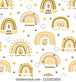Bee honey pattern. Beehive, honey rainbow, floral seamless pattern. Honeybee print. Organic honey graphic design template. Honey childish vector illustration. Summer yellow sweet background, wallpaper
