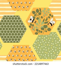 Bee honey pattern. Bee honeycomb seamless pattern. Beekeeping background. Cute honeybee vector print. Floral honey hexagon design, wrapping paper, fabric, wallpaper. Sweet honey bee illustration.