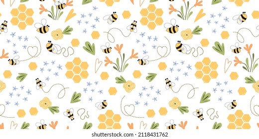 Bee honey pattern Bee seamless pattern Cute hand drawn summer meadow flowers, bee honeycombe background Hand drawn honey templates. Kids fabric design. Summer illustration. Floral sweet bees print.