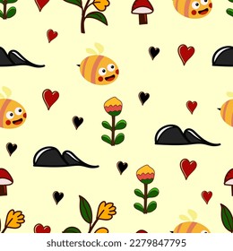 Bee honey pattern Bee seamless pattern Cute hand drawn summer meadow flowers, bee honeycombed background Hand drawn honey templates. Kids fabric design. Summer illustration. Floral sweet bees print.