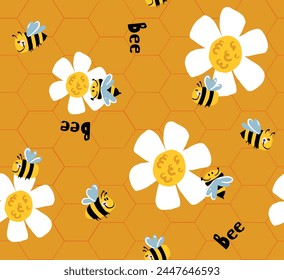 Bee honey pattern Bee seamless pattern Cute hand drawn summer meadow flowers, bee honeycombe background Hand drawn honey templates. Kids fabric design. Summer illustration. Floral sweet bees print.