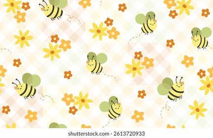 Bee honey pattern Bee seamless pattern Cute  summer meadow flowers, bee honeycomb honey templates. Kids fabric design. Summer illustration. Floral sweet bees print