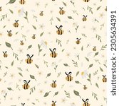 Bee honey pattern Bee seamless pattern daisy floral Cute hand drawn summer meadow flowers, Hand drawn templates. Kids fabric design. Summer illustration. Floral sweet bees print. vector pattern
