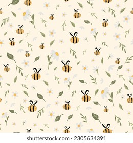 Bee honey pattern Bee seamless pattern daisy floral Cute hand drawn summer meadow flowers, Hand drawn templates. Kids fabric design. Summer illustration. Floral sweet bees print. vector pattern