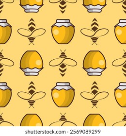 Bee and Honey pot seamless pattern. Vector illustration