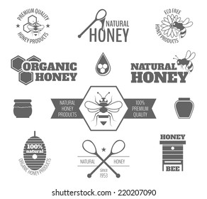 Bee honey premium quality products black label set isolated vector illustration