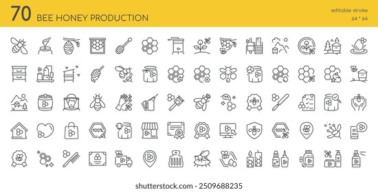 Bee Honey Production Icons Set. 70 Editable Vector Icons, Various Aspects of Beekeeping and Honey Production, Apiary Business, Beehives, Honeycombs, Bees, Honey Jars, Beekeeper Equipment, Flowers.