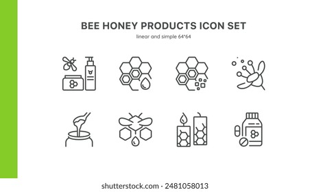 Biene Honig Produkte Vektor-Icons Set. Illustrationen von Honiggläsern, Honigwaben, Bienenwachskerzen, Pollen, Honigkosmetik und Nahrungsergänzungsmitteln. Bearbeitbare lineare Kollektion.