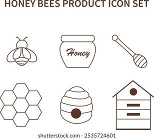 Conjunto de iconos de vectores de Productos de miel de abeja. Ilustraciones de tarros de miel, panal, polen de cera de abejas