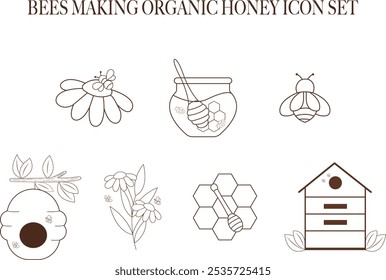 Bee Honey Products Vector Icons Set. Illustrations of Honey Jars, Honeycomb, Beeswax Pollen