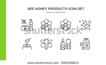 Bee Honey Products Vector Icons Set. Illustrations of Honey Jars, Honeycomb, Beeswax Candles, Pollen, Honey Cosmetics, and Supplements. Editable Linear Collection.
