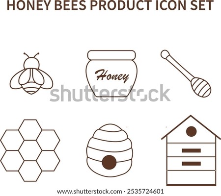 Bee Honey Products Vector Icons Set. Illustrations of Honey Jars, Honeycomb, Beeswax Pollen