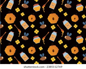 Bee honey seamless pattern. Beekeeping background with honey jar, beehive, cute bee. Colorful seamless pattern on the theme of beekeeping on a black background. Vector for background, wallpaper