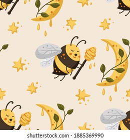 Bee with honey seamless pattern. Cartoon kid vector. Cute bee with moon and star illustration.
