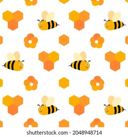 Bee honey seamless pattern flat textile print fun illustration for kids propolis flower orange colorful vector