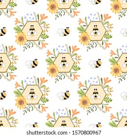 Bee honey seamless pattern Honeycomb floral yellow template background Decorative kids fabric textile design Cute hand drawn flower bouquet Yellow decorative endless paper. Vector illustration.