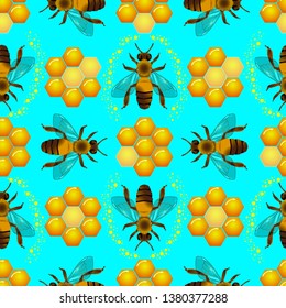 Bee and honey. Seamless pattern. Realistic style. Geometrical arrangement. Blue background